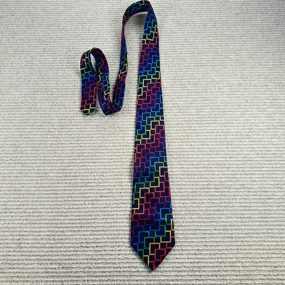 Vintage Bullock & Jones Silk Tie Mens OS Navy Rainbow Geometric Maze Handmade UK